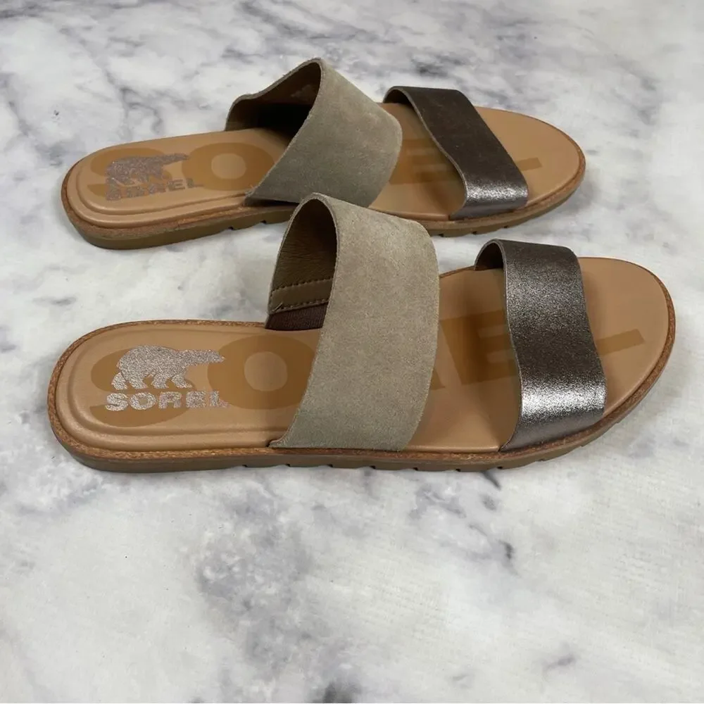 Sorel Ella II Suede Metallic Double Strap Slide Sandals NWOB Sz 8
